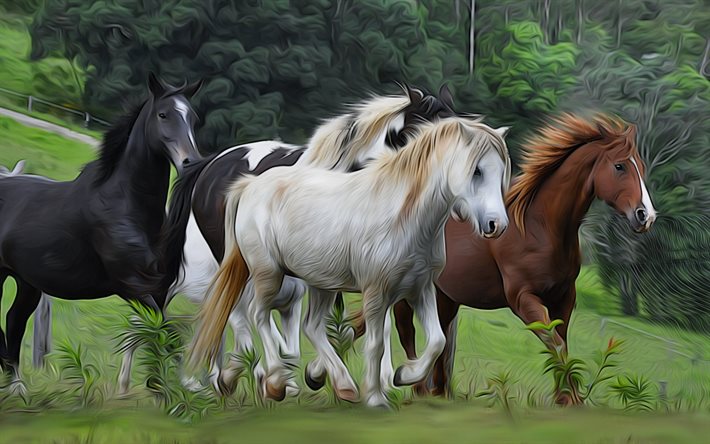målade hästar, en flock hästar