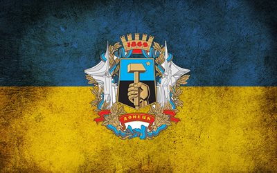 el escudo de armas de donetsk, donetsk ucrania, con la bandera de ucrania