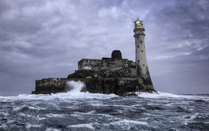 sea, storm, rock, lighthouse, the rain