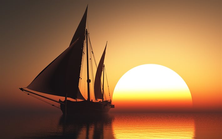 segelbåt, solnedgång, den stora solen