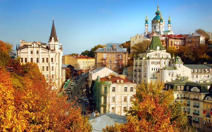 l'ukraine, à kiev, à l'automne, la descente saint-andré, st andrew's church, en ukraine, en automne, st eglise andrew