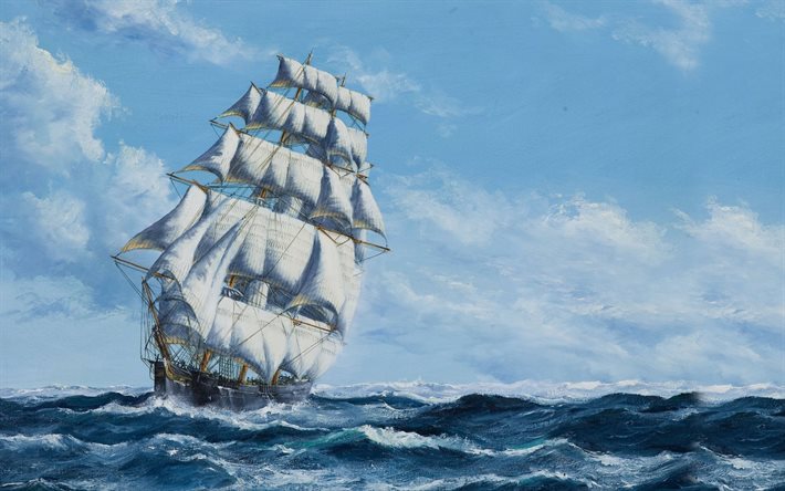 målad segelbåt, bild, fregatt