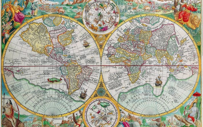 navio mapa, terra, dois hemisférios, mapa do mundo, cartaz