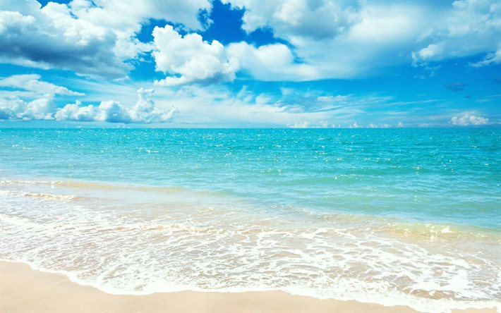 våg, stranden, resten, vit sand, hav, blått vatten