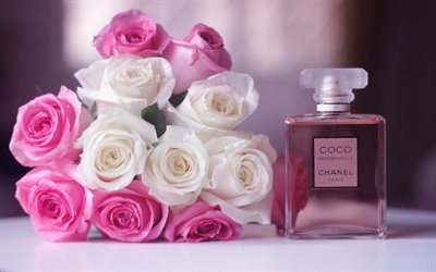 coco chanel, des spiritueux, un bouquet de roses, un parfum