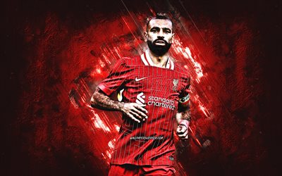 Mohamed Salah, Liverpool FC, red stone background, grunge art, Premier League, England, football, Egyptian footballer, Mo Salah