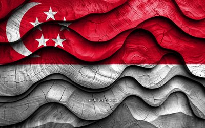 4k, singaporisk flagga, asiatiska länder, trä 3d  vågor flaggor, singapore dag, singapore flagg, vågiga sidenflaggor, singapore träflagga, singaporiska nationella symboler, singapore flagga, singapore