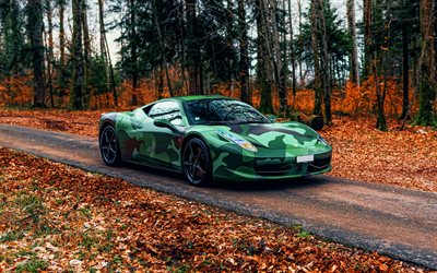 ferrari 458 italia army, 4k, réglage, voitures 2010, supercars, automne, 2010 ferrari 458 italia, camo ferrari 458 italia, voitures italiennes, ferrari