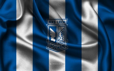4k, Lech Poznan logo, blue white silk fabric, Polish football team, Lech Poznan emblem, Ekstraklasa, Lech Poznan, Poland, football, Lech Poznan flag, Lech Poznan FC