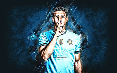 omar marmoush, manchester city fc, fondo de piedra azul, arte grune, jugador de fútbol egipcio, liga premier, inglaterra, fútbol americano