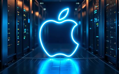 4k, leuchtendes apple logo, dunkelheit, elektronikmarken, racks für rechenzentren, kunstwerk, apple blaues neon logo, markenlogo, apple neon logo, apfel, marken, apple logo