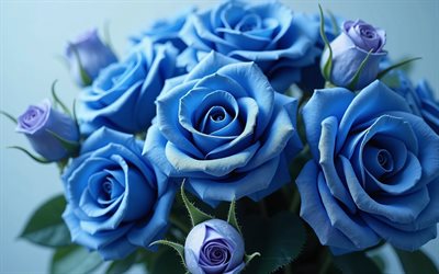 boutons de roses bleues, énorme bouquet de roses bleues, fond avec des roses, roses bleues, bouquet de roses bleues, bouquet romantique, roses