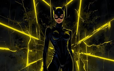 katzenfrau, 4k, dunkelheit, gelbe neonstrahlen, superhelden, marvel comics, abstrakte kunst, catwoman kunst, kunstwerk, fan kunst, catwoman 4k