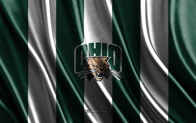 4k, logo des bobcats de l'ohio, ncaa, texture de soie blanche verte, drapeau des bobcats de l'ohio, club de football américain, drapeau en soie, emblème des bobcats de l'ohio, usa, insigne des bobcats de l'ohio, bobcats de l'ohio