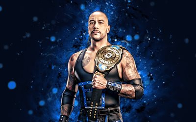4k, damiano prete, luci al neon blu, wwe, creativo, lottatore americano, luis martinez, damiano sacerdote con cintura, sfondo astratto blu, spettacolo di wrestling mondiale, lottatori, damiano prete 4k