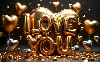 eu te amo, 4k, bokeh, letras de balões dourados, fundo preto, saudações do dia dos namorados, criativo, 14 de fevereiro, conceitos de amor, corações 3d, eu te amo inscrição