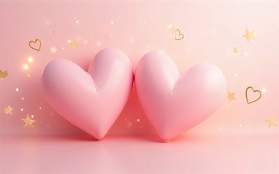 par de corações rosa 3d, feliz dia dos namorados, fundo rosa com corações, casal de corações, conceito de amor, corações rosa infláveis