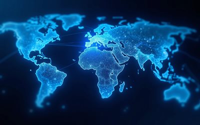Blue neon world map, global communications concepts, world map concepts, glowing world map, black background, blue silhouette world maps, world map