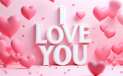 eu te amo, 4k, corações 3d brancos, minimalismo, fundo rosa, saudações do dia dos namorados, 14 de fevereiro, conceitos de amor, corações 3d, eu te amo inscrição