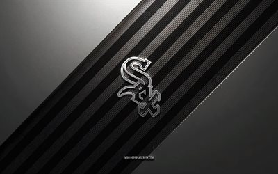 logo dei chicago white sox, 4k, fondo in acciaio, club di baseball americano, linee bianche nere, emblema dei chicago white sox, mlb, baseball, chicago white sox, usa, logo in metallo dei chicago white sox