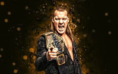 كريس جيريكو, 4k, أضواء النيون البرتقالية, wwe, مبدع, مصارع أمريكي, كريستوفر كيث ايرفين, كريس جيريكو بالحزام, خلفية مجردة برتقالية, الترفيه العالمي للمصارعة, المصارعين, كريس جيريكو 4k