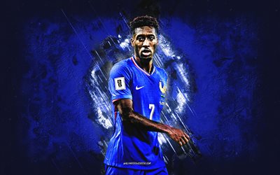 Kingsley Coman, France national football team, French footballer, blue stone background, grunge art, France, football, Kingsley Coman France