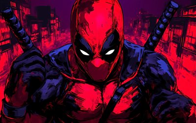 4k, 데드풀, 그런지 예술, 마블 코믹스, 빨간색 추상적 인 배경, 슈퍼 히어로, 삽화, 데드풀 아트, 사이버펑크, 창의적인, 데드풀 4k