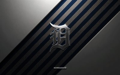 logotipo de los tigres de detroit, 4k, fondo de acero, club de beisbol americano, líneas blancas azules, emblema de los tigres de detroit, grandes ligas, béisbol, tigres de detroit, eeuu, logotipo de metal de los tigres de detroit, escudo de los tigres de detroit