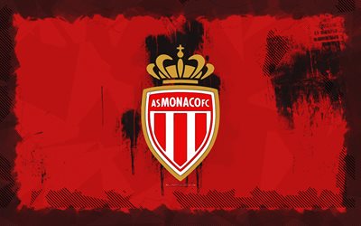 AS Monaco grunge logo, 4k, Ligue 1, red grunge background, soccer, AS Monaco emblem, football, AS Monaco logo, french football club, AS Monaco FC