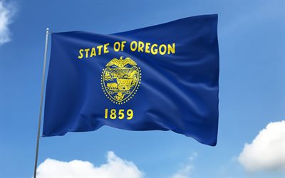 Oregon flag on flagpole, 4K, american states, blue sky, flag of Oregon, wavy satin flags, Oregon flag, US States, flagpole with flags, United States, Day of Oregon, USA, Oregon