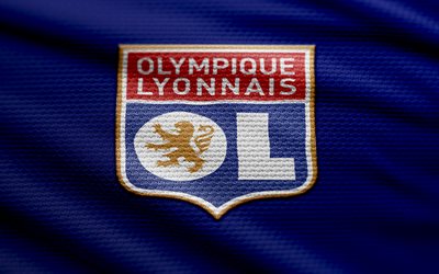 olympque lyonnais kangaslogo, 4k, sininen kangas tausta, ligue 1, bokeh, jalkapallo, rc lens  logo, olympque lyonnais  tunnus, lyonnais olympque, ranskalainen jalkapalloseura, olympque lynais fc