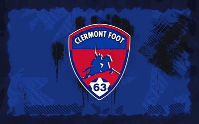 clermont foot 63 grunge logotipo, 4k, ligue 1, fundo azul grunge, futebol, pé de clermont 63 emblema, logotipo do pé de clermont 63, clube de futebol francês, pé de clermont 63 fc