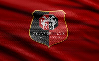 Stade Rennais FC fabric logo, 4k, red fabric background, Ligue 1, bokeh, soccer, Stade Rennais FC logo, football, Stade Rennais FC emblem, Stade Rennais, french football club, Stade Rennais FC