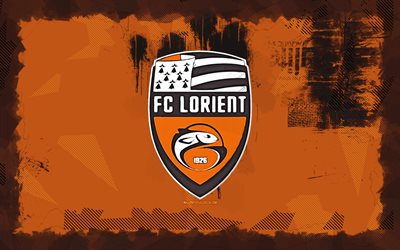 FC Lorient grunge logo, 4k, Ligue 1, orange grunge background, soccer, FC Lorient emblem, football, FC Lorient logo, french football club, Lorient FC