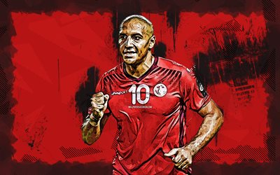 4k, wahbi khazri, arte grunge, equipe de futebol nacional da tunísia, futebol, jogadores de futebol, fundo vermelho grunge, time de futebol da tunisina, wahbi khazri 4k