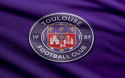 Toulouse FC fabric logo, 4k, violet fabric background, Ligue 1, bokeh, soccer, Toulouse FC logo, football, Toulouse FC emblem, french football club, Toulouse FC