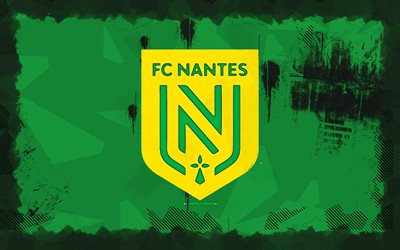 fc nantes grunge 로고, 4k, 리그 1, 녹색 그런지 배경, 축구, fc nantes emblem, fc nantes 로고, 프랑스 축구 클럽, 난테스 fc