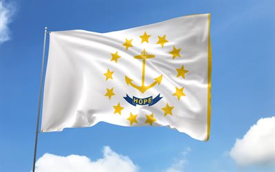 rhode island flagg på flaggstång, 4k, amerikanska stater, blå himmel, rhode island, wavy satinflaggor, rhode island flag, flaggstång med flaggor, förenta staterna, usa