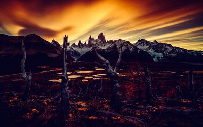 Andes, evening, sunset, mountains, Patagonia, mountain landscape, rocks, autumn, Chile
