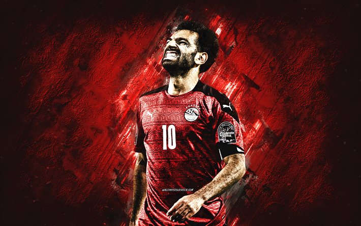 mohamed salah, equipo de fútbol nacional de egipto, jugador de fútbol egipcio, retrato, fondo de piedra roja, egipto, fútbol americano