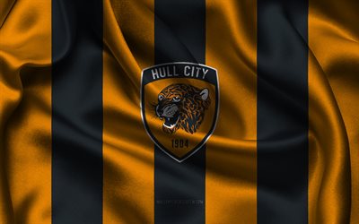 4k, logotipo de hull city afc, tecido de seda preta laranja, time de futebol inglês, hull city afc emblem, campeonato efl, hull city afc, inglaterra, futebol, bandeira de hull city afc