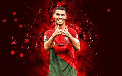 Cristiano Ronaldo, 4k, 2023, red neon lights, Portugal National Football Team, CR7, soccer, footballers, red abstract background, Portuguese football team, Cristiano Ronaldo 4K