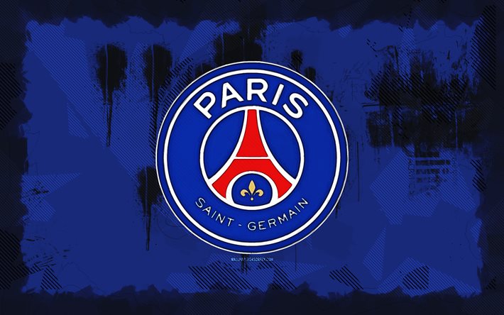 PSG grunge logo, 4k, Ligue 1, blue grunge background, soccer, PSG emblem, football, PSG logo, Paris Saint-Germain, french football club, Paris Saint-Germain FC