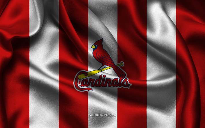 4k, st louis cardinals logosu, beyaz kırmızı ipek kumaş, amerikan beyzbol takımı, st louis cardinals amblemi, mlb, st louis kardinalleri, amerika birleşik devletleri, beyzbol, st louis cardinal bayrağı, beyzbol birinci ligi