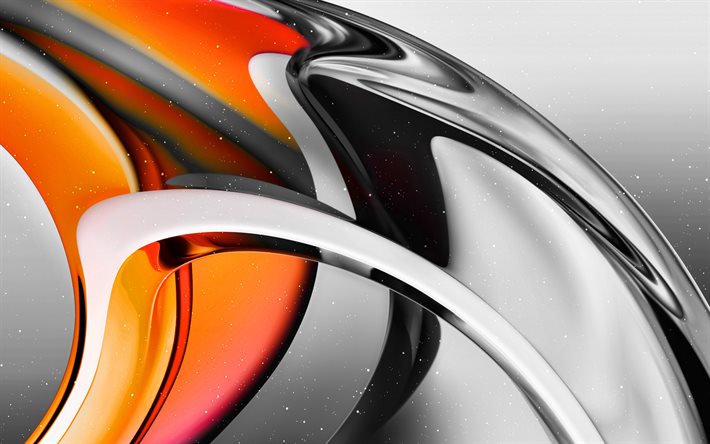 4k, orangefarbene 3d metallkunst, 3d stahlelemente, silberne metallelemente, orange grau 3d kunst, metall 3d hintergrund