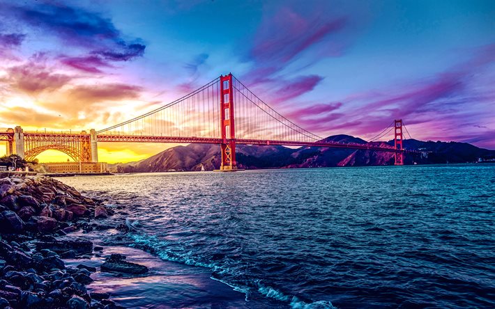 4k, Golden Gate Bridge, sunset, HDR, red bridge, american landmarks, american tourist attractions, San Francisco, USA, America, Golden Gate Bridge panorama
