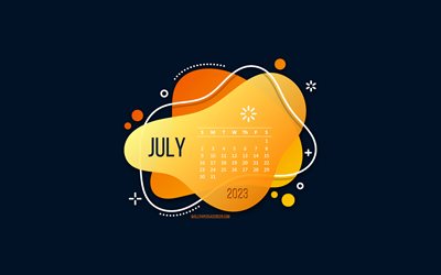 julikalendern 2023, blå bakgrund, gula kreativa element, 2023 koncept, juli 2023 kalender, 2023 kalendrar, juli, 3d konst