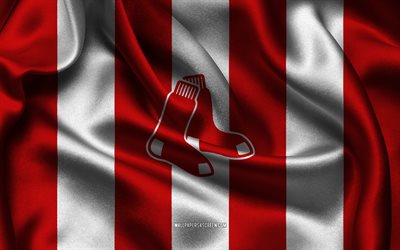 4k, Boston Red Sox logo, white red silk fabric, American baseball team, Boston Red Sox emblem, MLB, Boston Red Sox, USA, baseball, Boston Red Sox flag, Major League Baseball