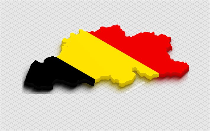 ベルギーの 3 d マップ, 4k, 白い正方形の背景, ヨーロッパ, アイソメ マップ, ベルギーの国旗, ベルギーの旗, ベルギーの地図のシルエット, フラグとベルギーの地図, ベルギーの地図, 3d マップ, ベルギー