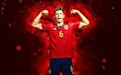 marcos llorente, 4k, punaiset neonvalot, espanjan jalkapallomaajoukkue, jalkapallo, jalkapalloilijat, punainen abstrakti tausta, espanjan jalkapallojoukkue, marcos llorente 4k